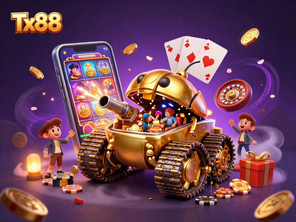 Experience thrilling fun at Tx88's miniature casino in a dynamic 3D illustration packed with gaming excitement.
