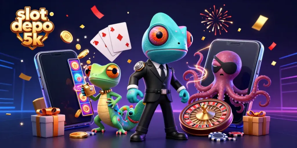 Experience vibrant gameplay with slot depo 5k featuring a chameleon, gecko, and octopus in an engaging casino scene.