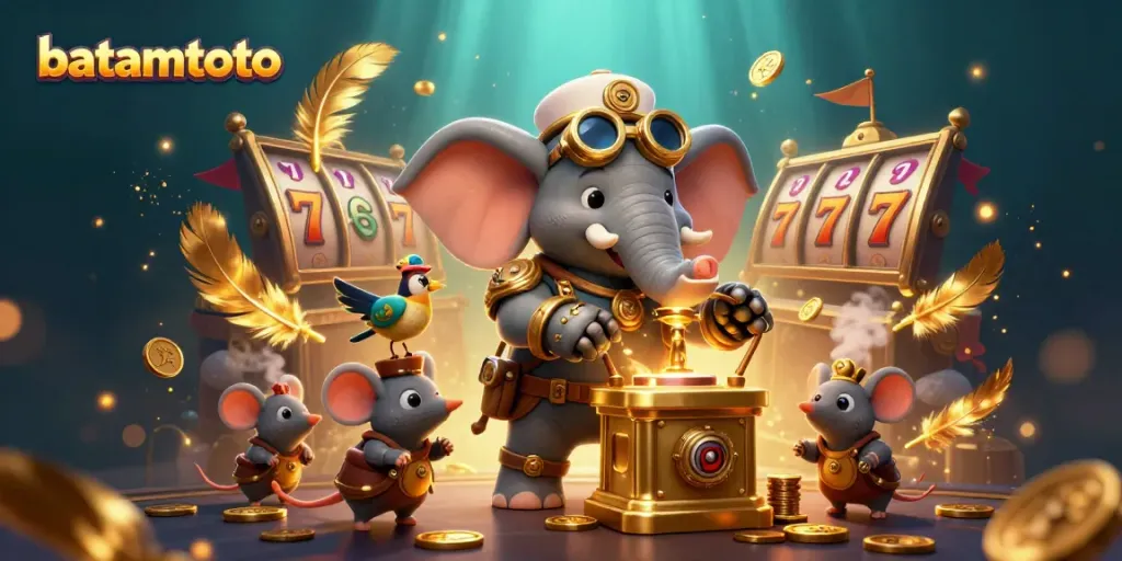 Win big with batamtoto at the lively steampunk casino featuring an elephant engineer and golden slot machine.