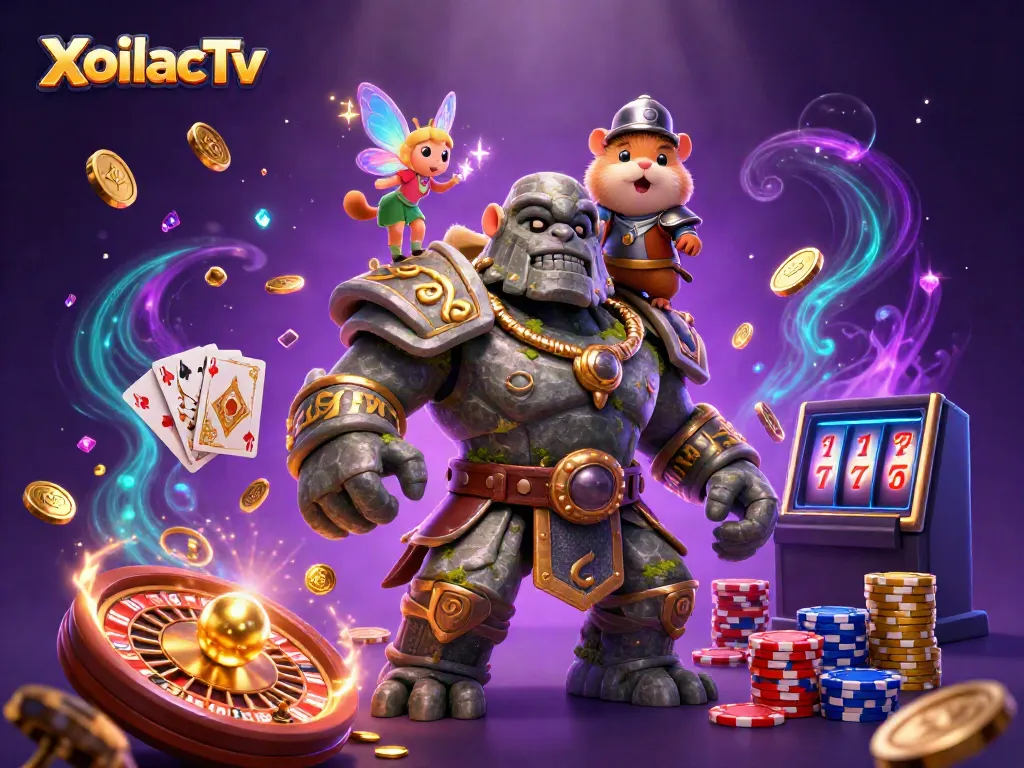 Experience the thrill of gaming with XoilacTv's enchanting scene of a stone golem, fairy, and hamster knight.