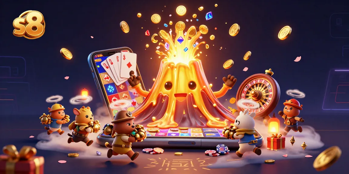 S8 players spin the reels among golden treasure in a vibrant 3D online casino fantasy