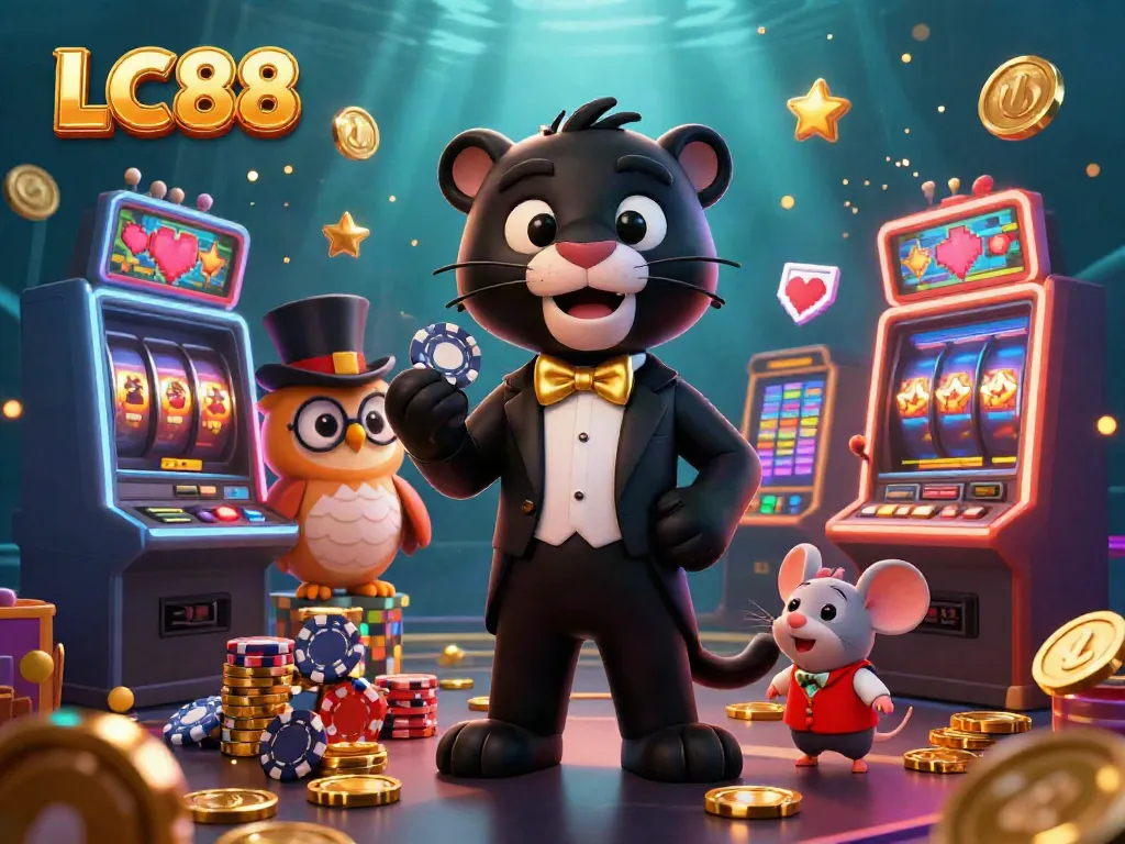 Join the excitement of LC88 featuring a stylish black panther dealing colorful slot machines surrounded by vibrant gaming elements.