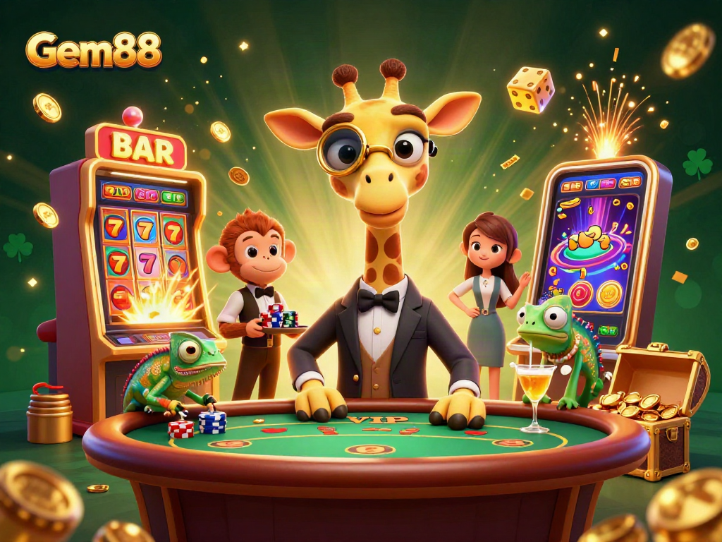 Experience Gem88's vibrant casino ambiance with a high-roller giraffe, exciting games, and dazzling jackpots.