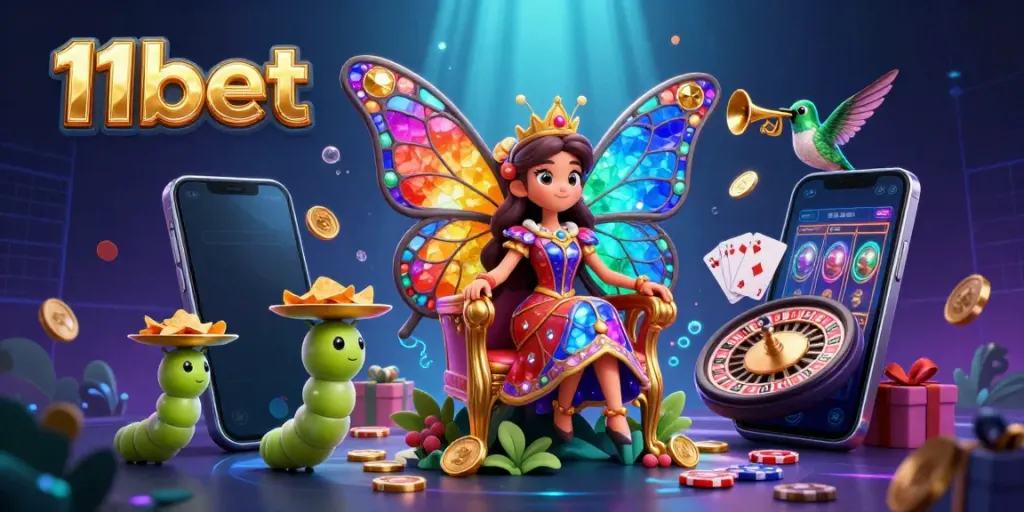 Experience excitement at 11bet with a 3D butterfly queen and vibrant casino elements surrounding her.