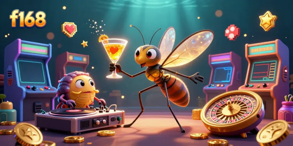 Experience the thrill of f168 with cartoon characters in a vibrant casino scene featuring roulette and arcade games.