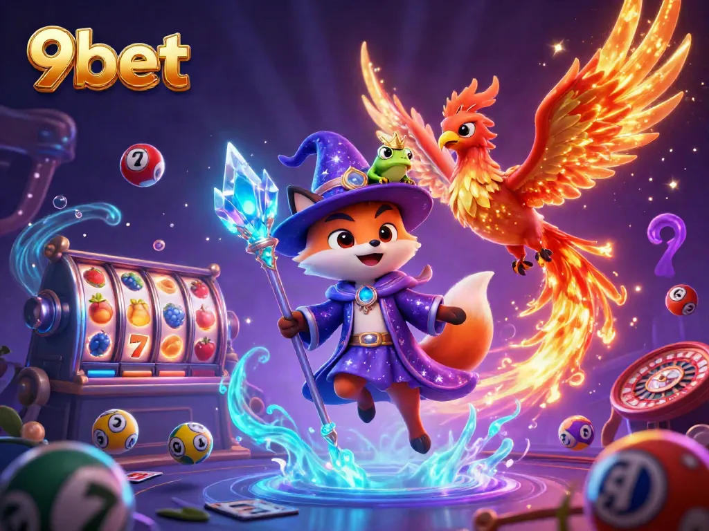 Experience winning excitement with 9bet's vibrant casino scene featuring playful characters and dynamic gaming elements.