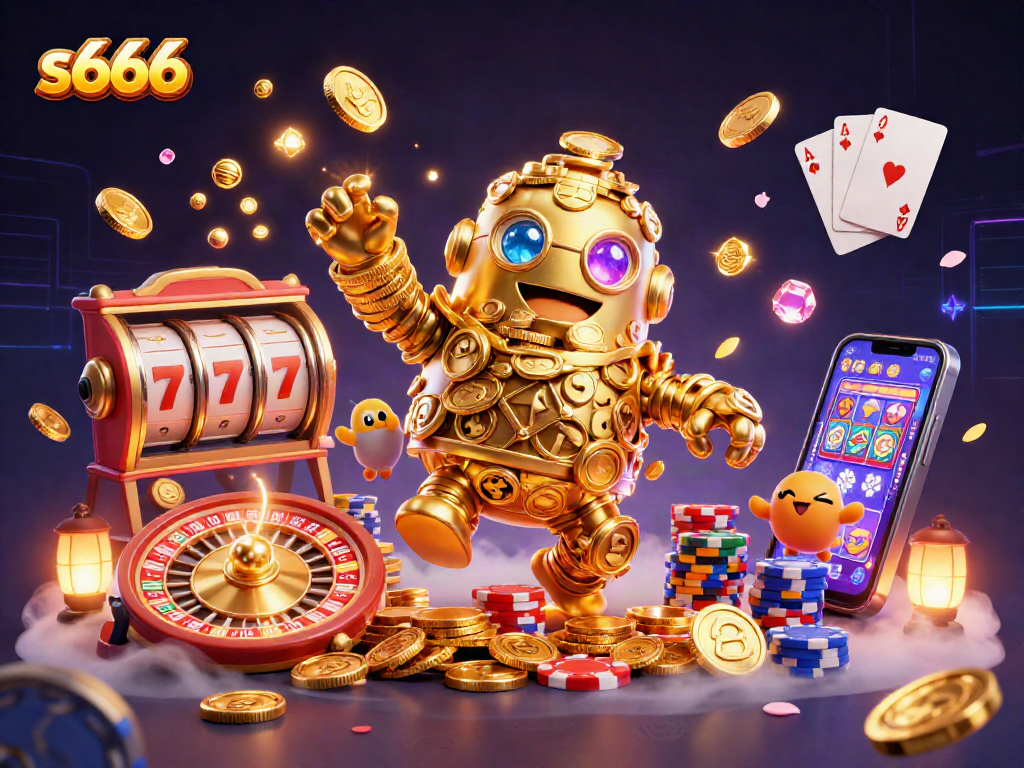 Win big with s666 as golden golem and slot reels create a casino atmosphere.