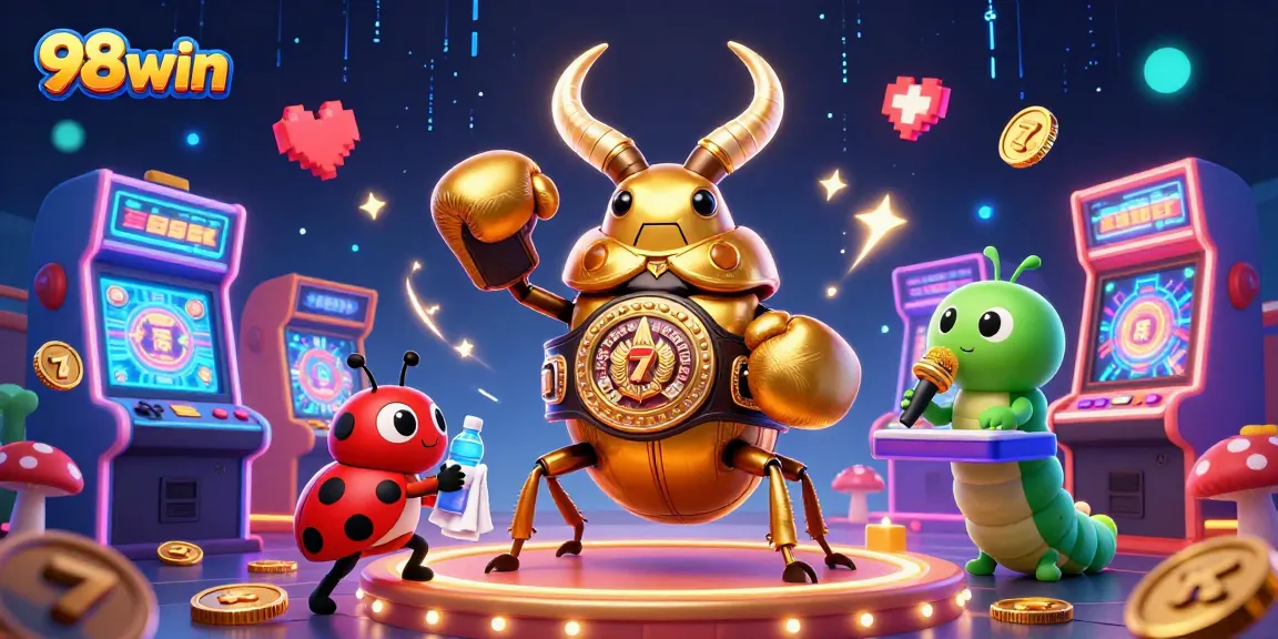 Experience excitement at 98win with a vibrant 3D casino scene featuring a champion stag beetle.