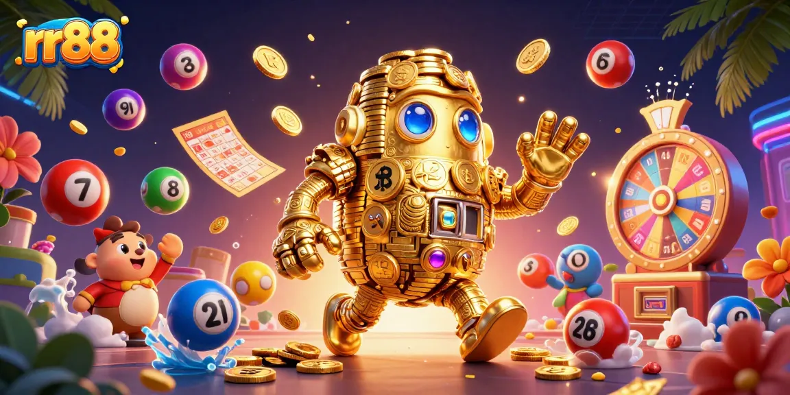 Experience thrilling luck in rr88 with a golden golem amid lively lottery and casino elements.