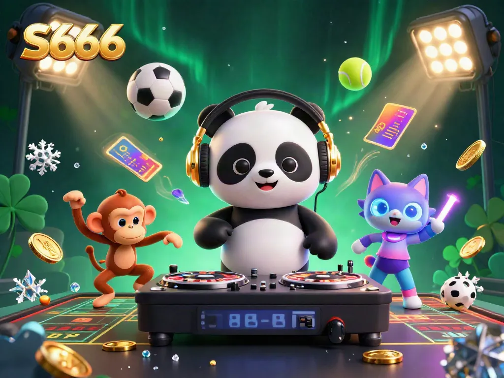 Engage in thrilling gaming experiences at S666 with a vibrant illustration of a DJ panda and dynamic casino elements.