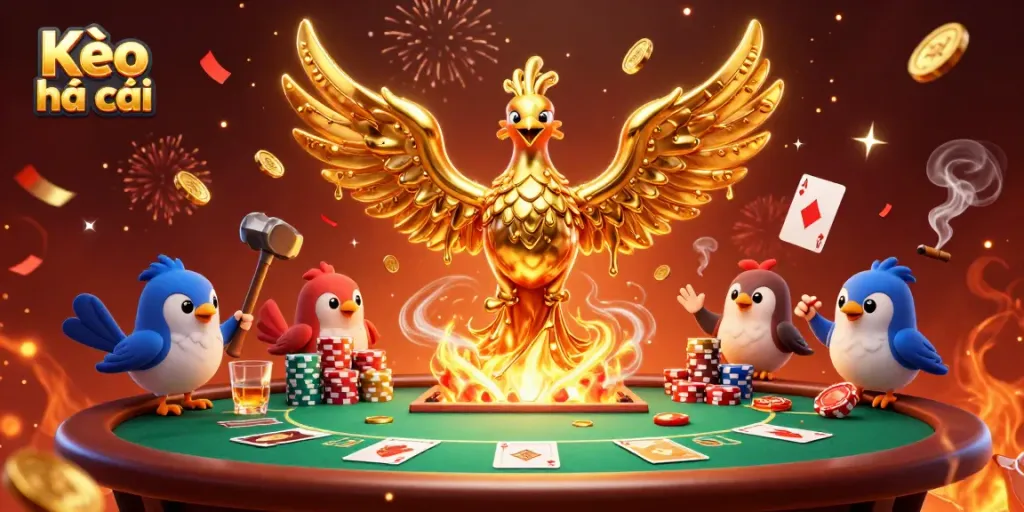 Experience the thrilling Kèo nhà cái action with a golden phoenix, poker chips, and vibrant casino energy in this dynamic scene.