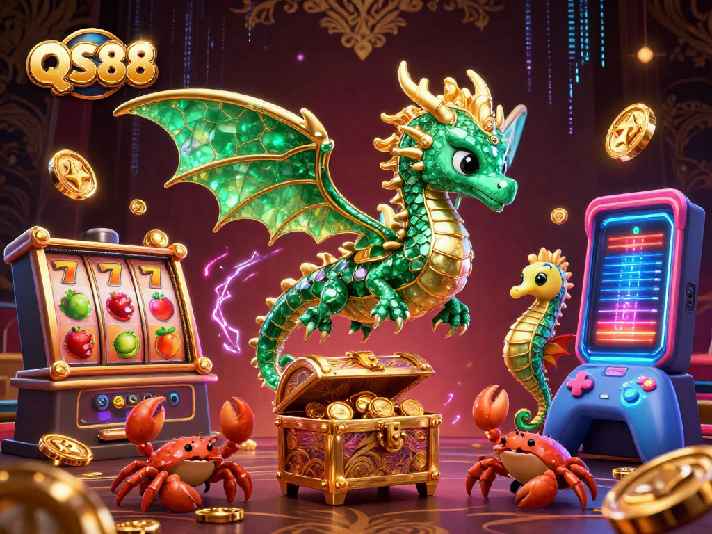 Engage in exciting gameplay at QS88 with vibrant 3D casino illustrations featuring dragons and slot machines.