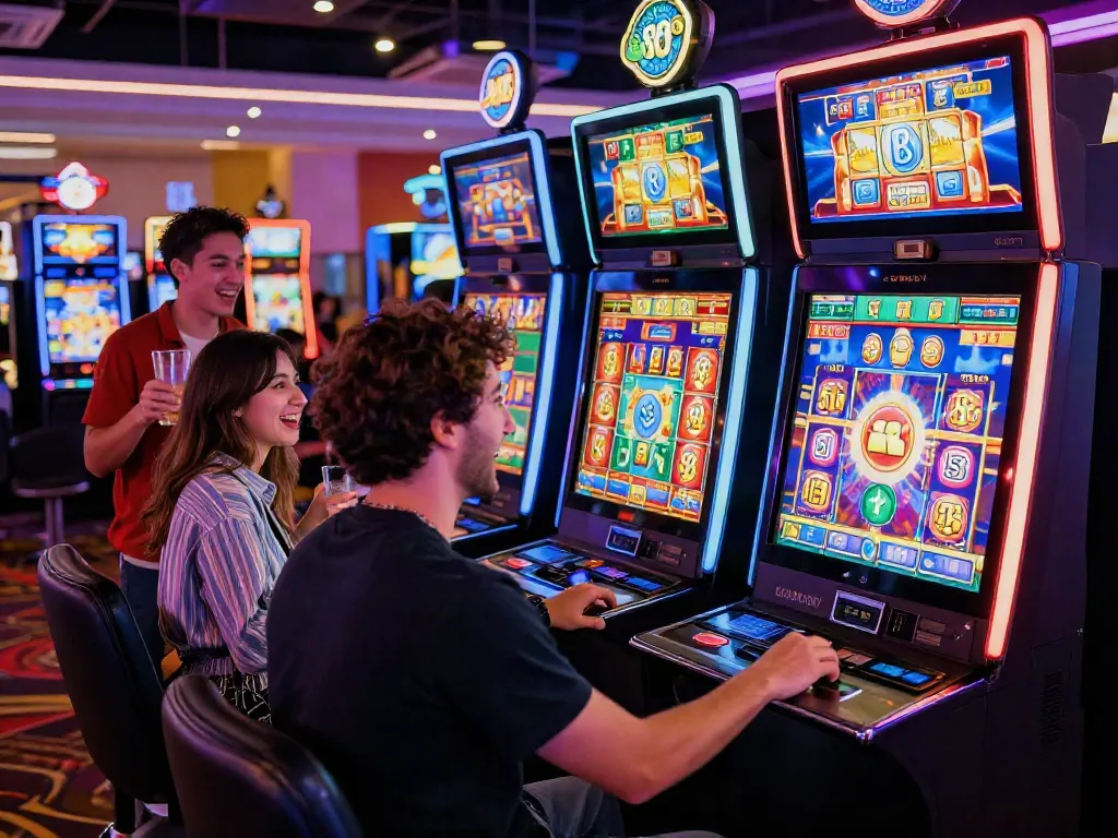 Exciting moment playing uk bonus buy slots in a lively casino atmosphere with vibrant gaming machines and cheering friends.