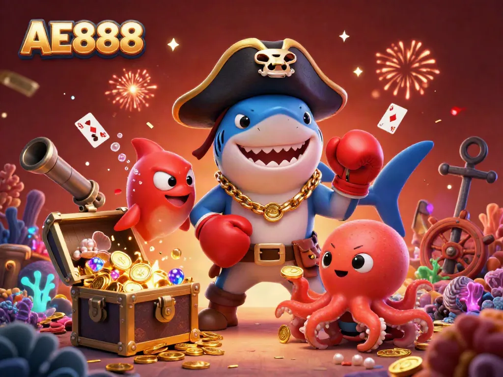 Experience the excitement of AE888’s casino games with treasure and cartoon characters in an engaging underwater scene.