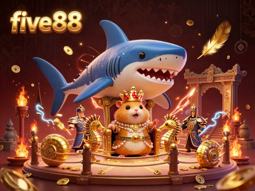 Experience the thrill of five88 with a golden hamster king reigning on a megalodon throne in a vibrant casino-themed scene.