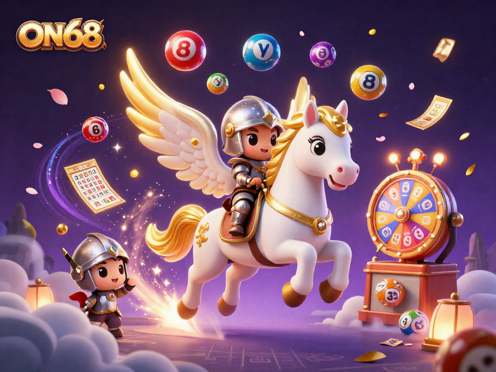 Experience thrilling wins at ON68 with vibrant lottery elements and a magical horse.