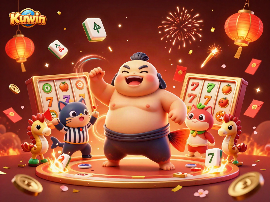 Kuwin's exciting slot scene features vibrant characters, lucky symbols, and festive decorations energizing the gaming experience.