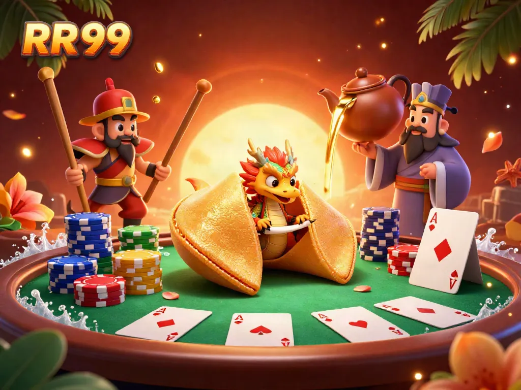 Engage with RR 99's dynamic casino adventure amidst golden fortune cookies, poker chips, and vibrant characters.