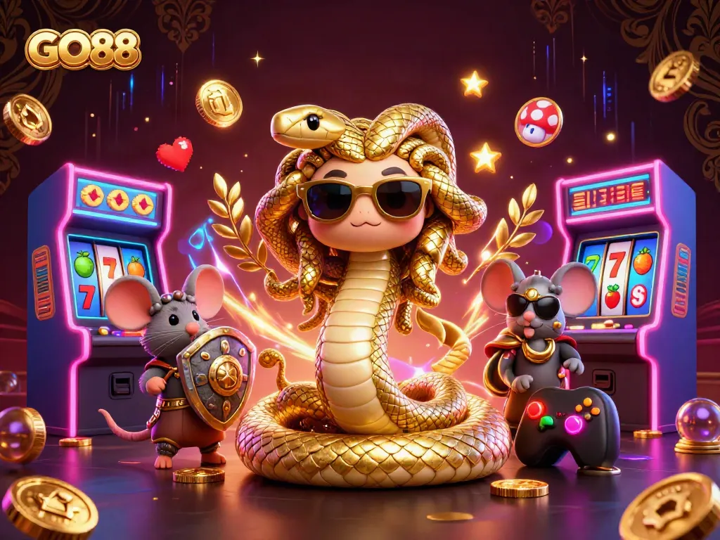 Experience the thrilling world of GO88 with a vibrant 3D casino illustration showcasing games and characters.
