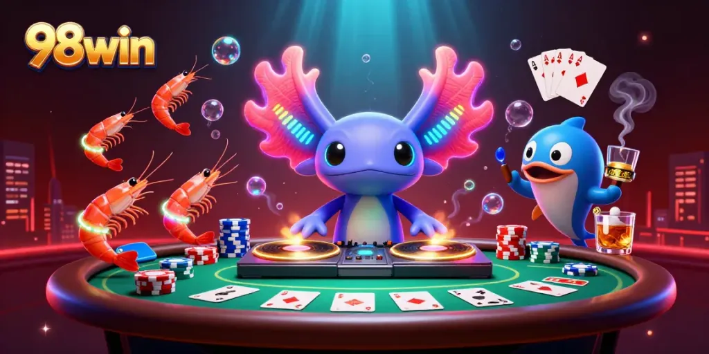 Engage in the colorful world of 98win with vibrant characters and dynamic casino elements.