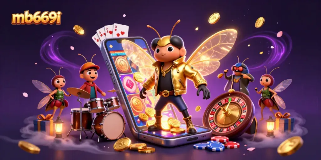 Spin reels with mb669i's vibrant casino rock star illustration, featuring exciting game elements.