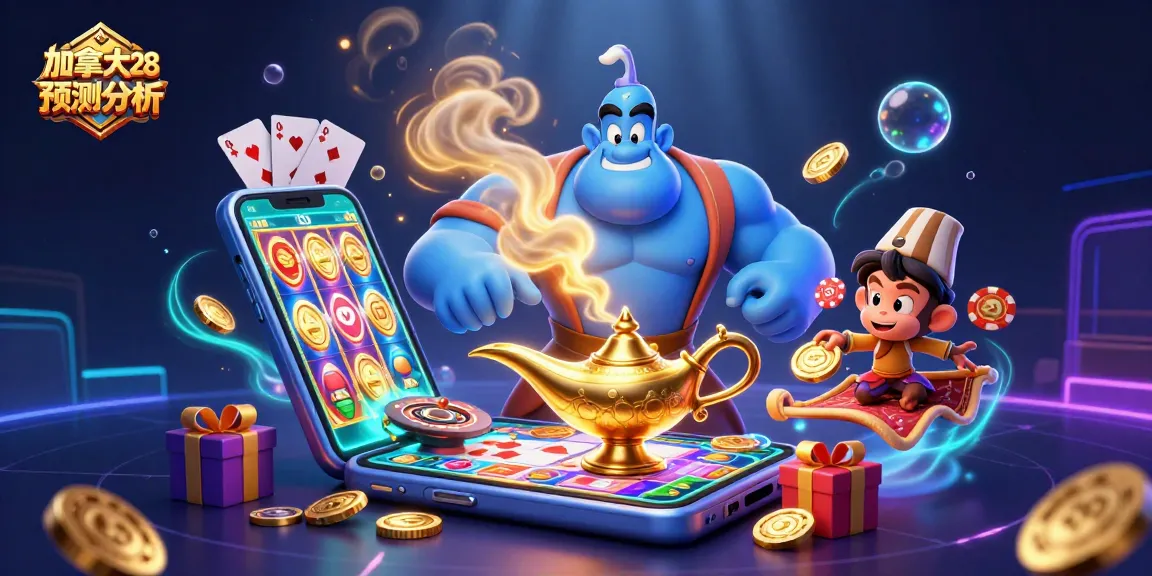 Engage with 加拿大28预测分析 through an enchanting 3D scene featuring a genie and magical elements.