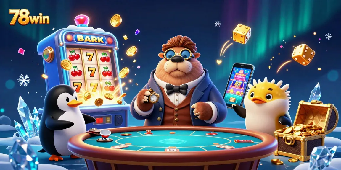Experience thrilling gameplay at 78win with a jolly walrus and friends at an underwater casino.