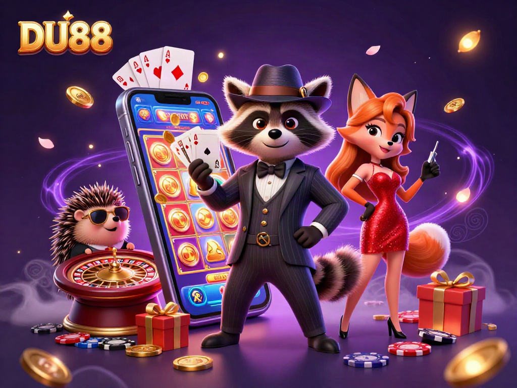 Experience thrilling slots action with DU88 in this vibrant casino scene featuring a charming raccoon and fox.