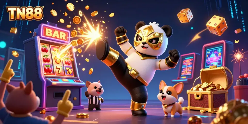 Engage in gaming excitement with TN88 as a lively panda wrestler takes center stage.