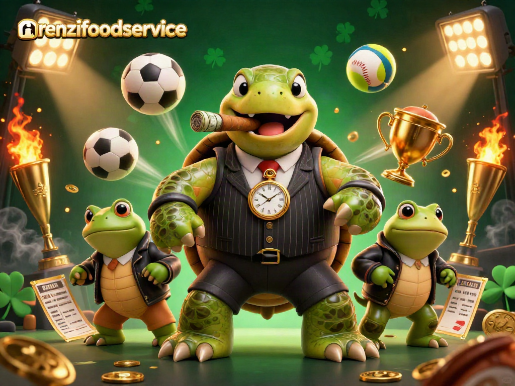 Engage with renzifoodservice's thrilling casino action featuring a snapping turtle mobster amidst dynamic sports elements.