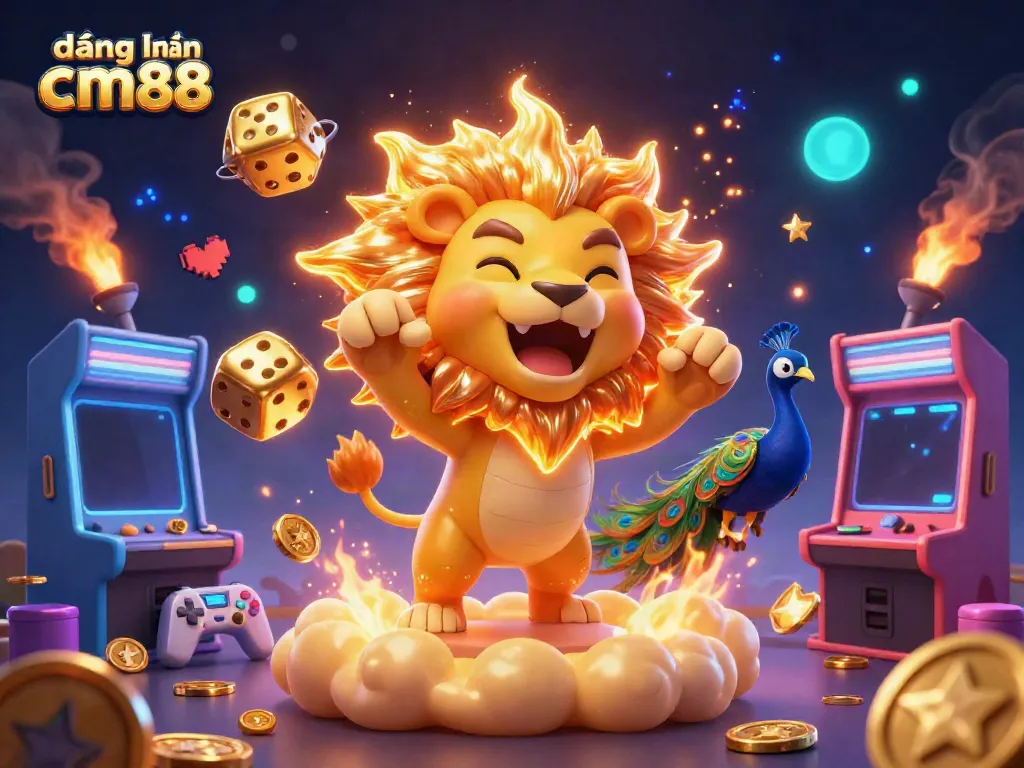 Engage in exhilarating gameplay with đăng nhập cm88 featuring a roaring sun lion, golden dice, and neon elements.