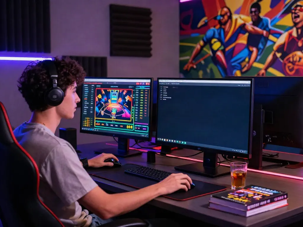 Online betting experience featuring a gamer engaged with dual monitors at a vibrant gaming desk, showcasing the interactive nature of https://fb88mx.com/.