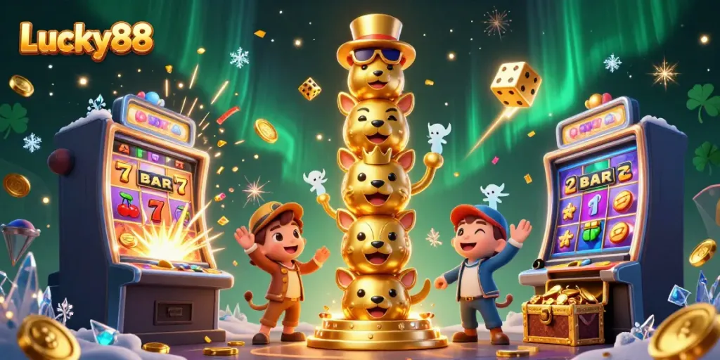 Lucky88 delivers a vibrant casino experience with animated totem, jackpot slots, and festive elements.