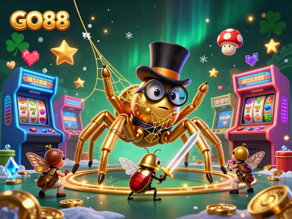 Join the excitement at GO88 with a thrilling casino scene featuring slot reels and vibrant characters!