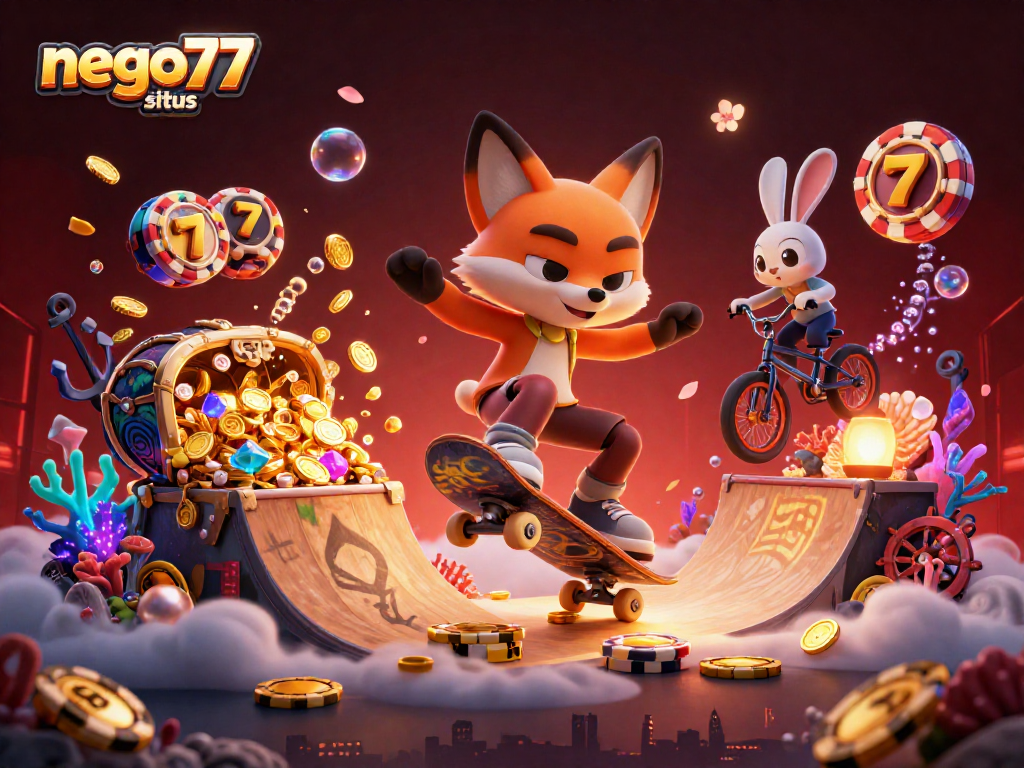 Engage with thrilling gaming action at nego77 situs featuring vibrant 3D characters and casino elements.