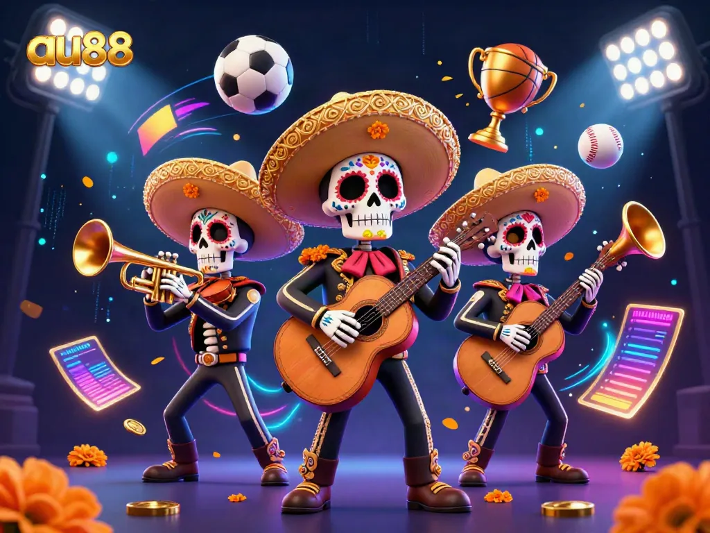 Experience the vibrancy of au88 with a dynamic mariachi band amidst exciting gaming elements.