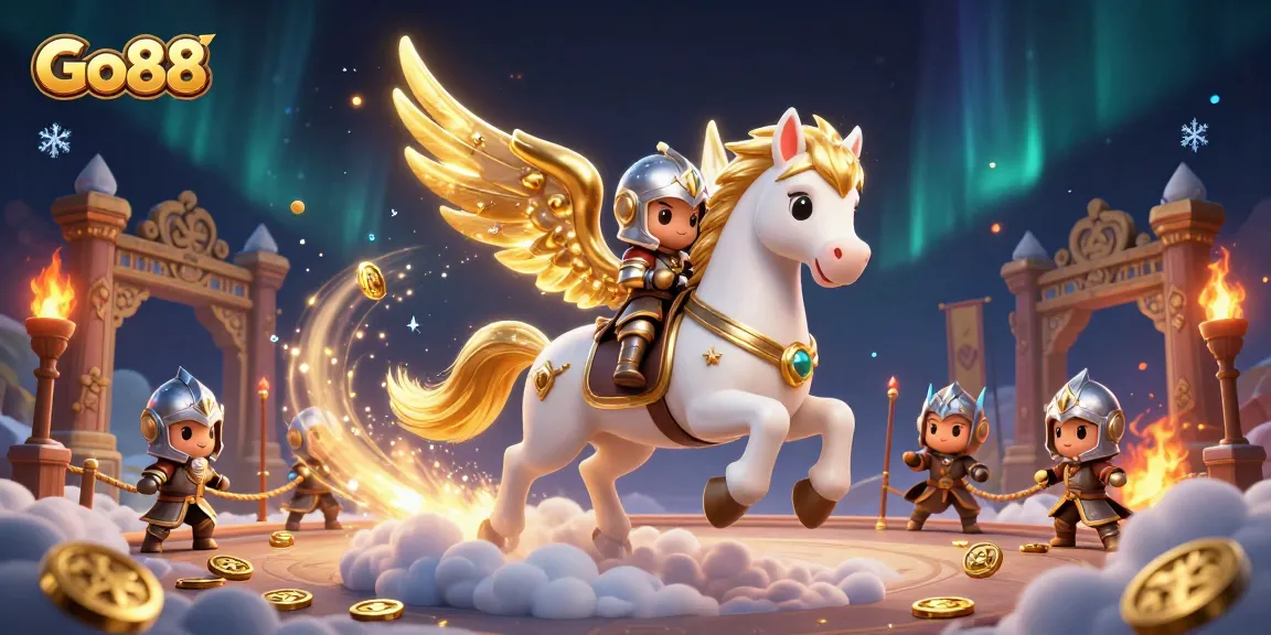 Go88 players enjoy thrilling experiences with the celestial horse and knight amid a vibrant casino scene