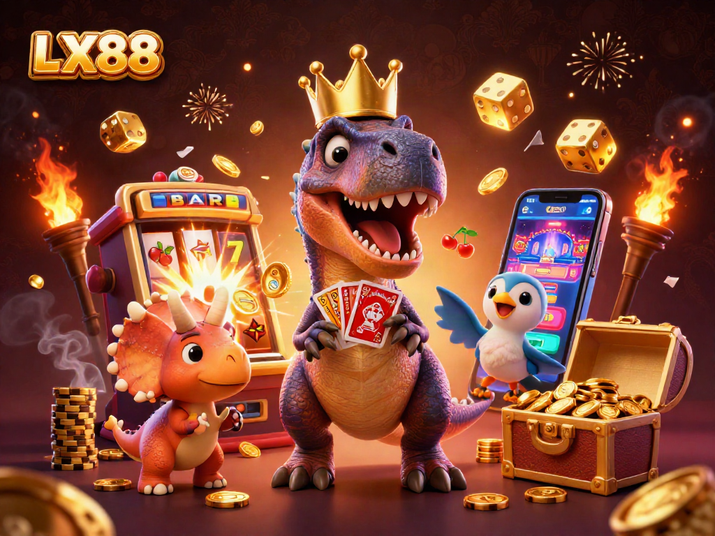 LX88 shows an engaging scene with a T-Rex shuffling cards while friends assist in a casino setting.