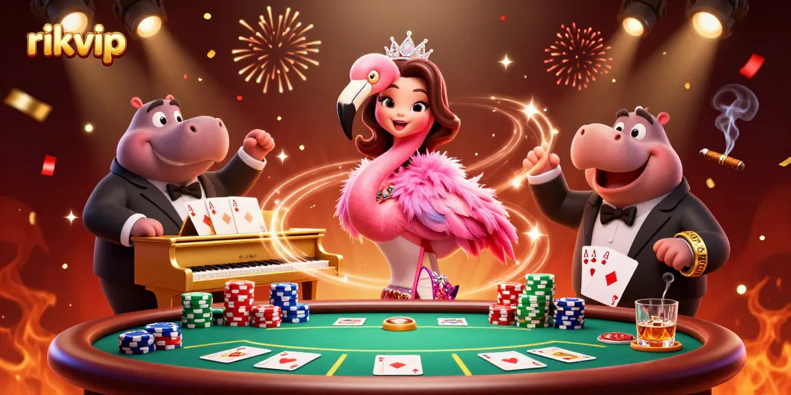 Players enjoying an exciting game night at rikvip with flamingo singer and hippo bassist adding flair.