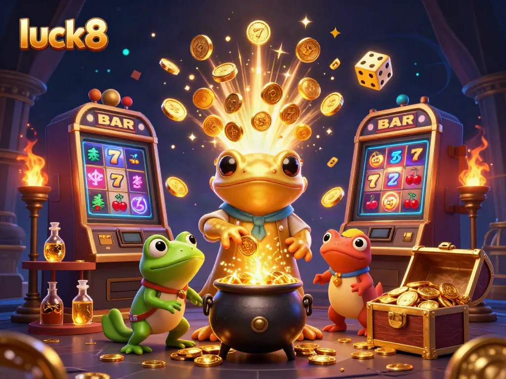 Experience luck8's golden jackpot in a vibrant casino scene with dynamic game elements.