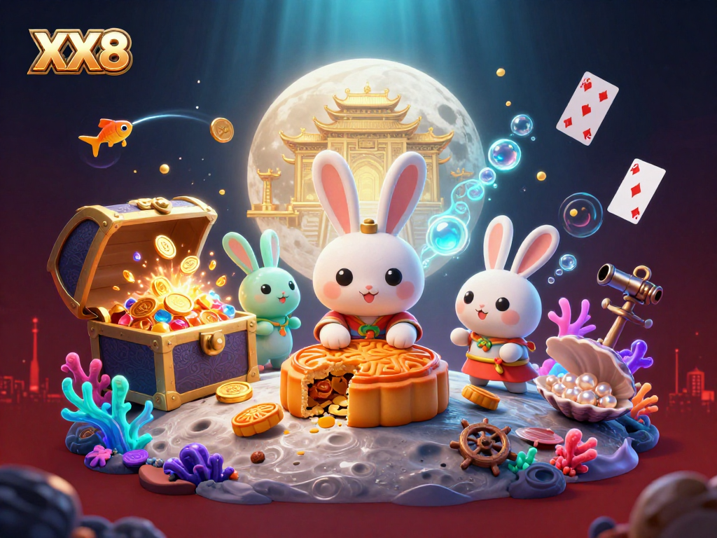 Engage with XX8 as the moon rabbit reveals golden poker chips, illuminated by vibrant casino elements