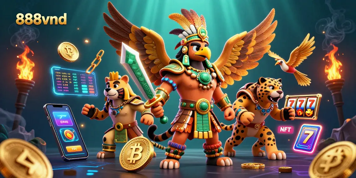 Experience thrilling online gaming action with 888vnd in a vibrant casino setting highlighted by Aztec warriors.