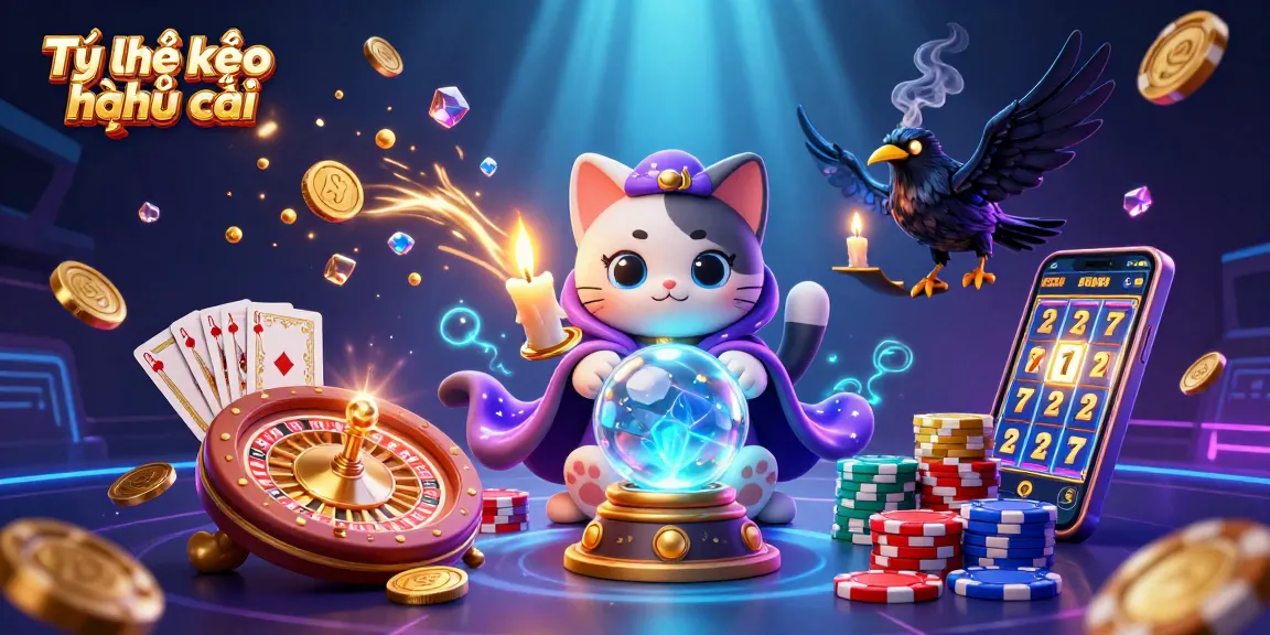 Tỷ lệ kèo nhà cái showcases an engaging scene with vibrant casino elements, including a mystic cat and a raven.