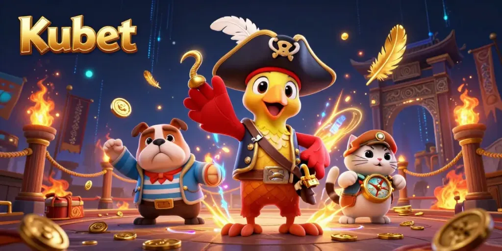 Kubet casino scene featuring a pirate captain giving orders amidst golden coins and dynamic gaming elements.