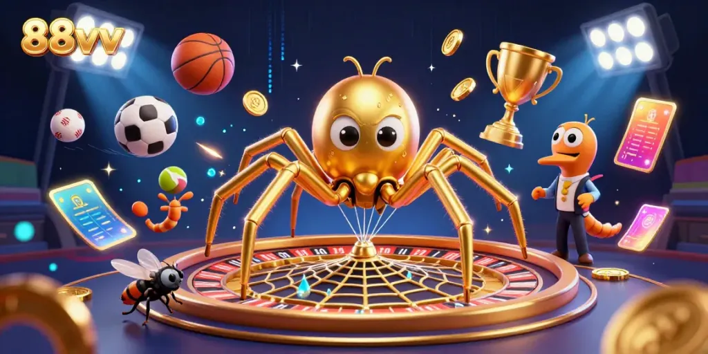Experience the thrilling bets at 88vv with a golden spider roulette and dynamic sports scene.