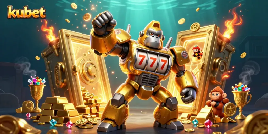 Experience the thrilling action of kubet with a dynamic golden gorilla mech amidst treasures and vibrant casino elements.