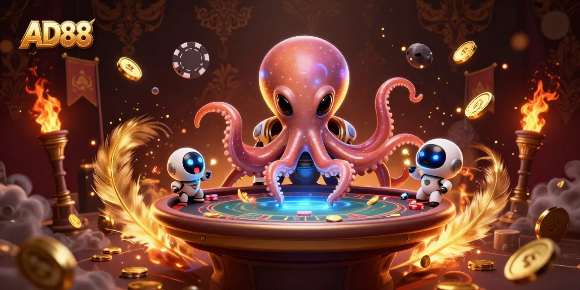 Engage in thrilling poker action with AD88 while navigating a vibrant alien casino scene.