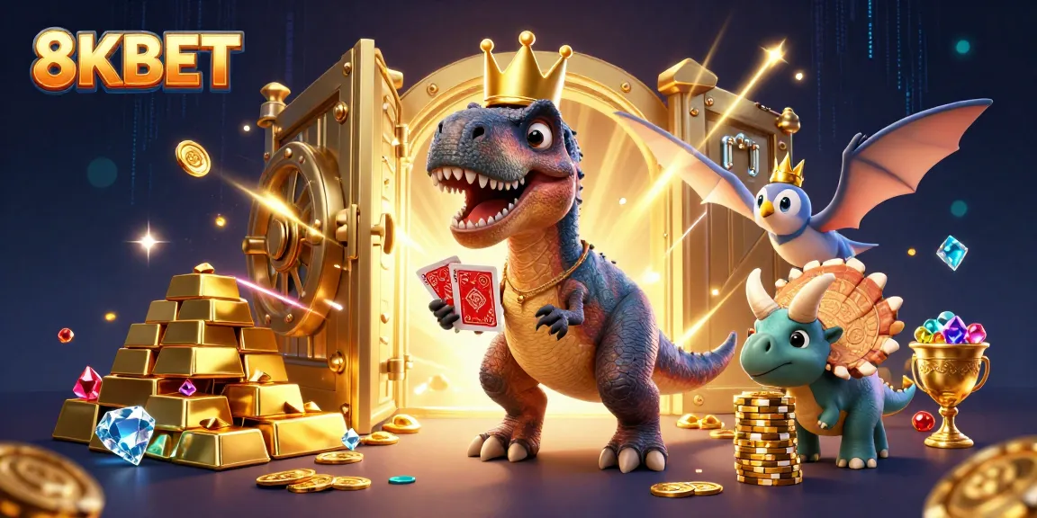 Engage in thrilling games at 8KBET with a vibrant scene featuring playful dinosaurs and lavish casino elements.