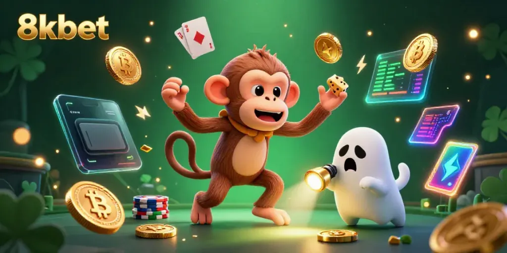 Engage with the 8xbet casino scene featuring a playful poltergeist monkey and ghost-hunter puppy amidst golden treasures and crypto elements.