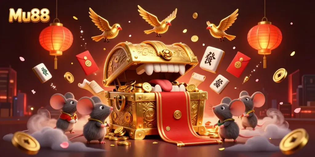 Mu88 players hit the jackpot with treasure chest and golden symbols in dynamic illustration.